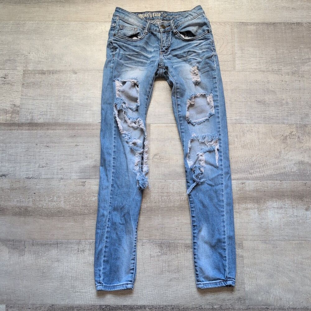 Machine Nouvelle Mode Jeans Women SZ 0 25" Blue Denim Distressed Skinny Low-Rise